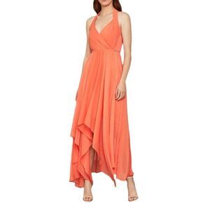 BCBGMAXAZRIA Chiffon Faux Wrap High Low Halter Dress Tie At Waist Salmon XS